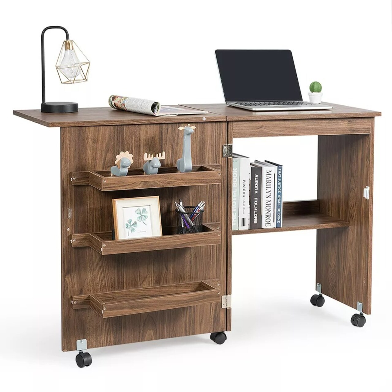Costway Utility Sewing Craft Table Folding Design w/Storage Cabinet Wheels Brown